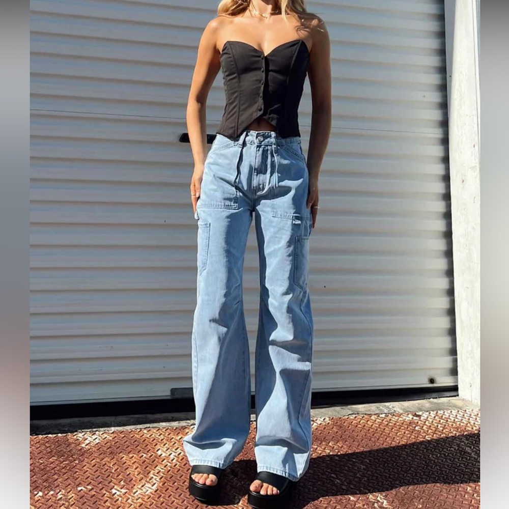 Princess Polly PP DNM Oakland Denim Cargo Jean Light Wash Denim